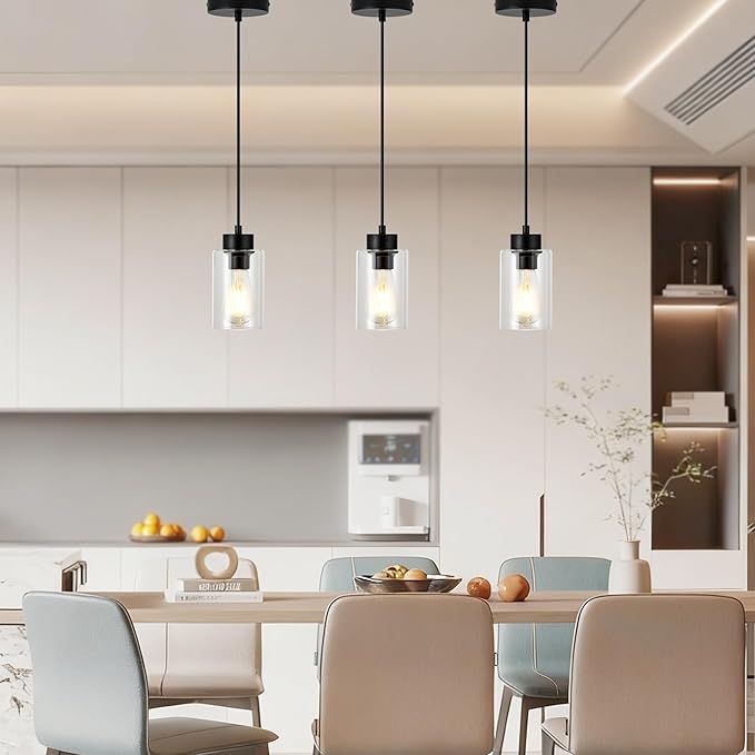 Pendant Lights Kitchen Island 3 Pack, Modern Black Hanging Lights Fixtures with Clear Glass Globe Shade, Kitchen Island Lighting for Bathroom