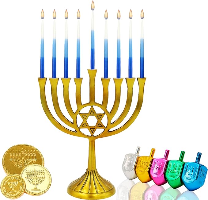 Deluxe Tapered Hanukkah Menorah Tri Color Blue, Blue, and White, Candles for All 8 Nights of Chanukah (24-Pack)
