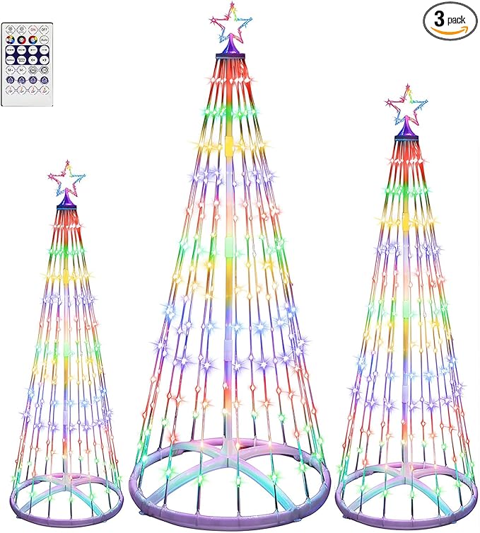3 Pack 3/4/5FT Christmas LED Cone Tree Lights Outdoor Decorations 24 Modes Color Changing with Timer Foldable Lighted Trees Waterproof String Lights Holiday for Christmas New Year Xmas Yard