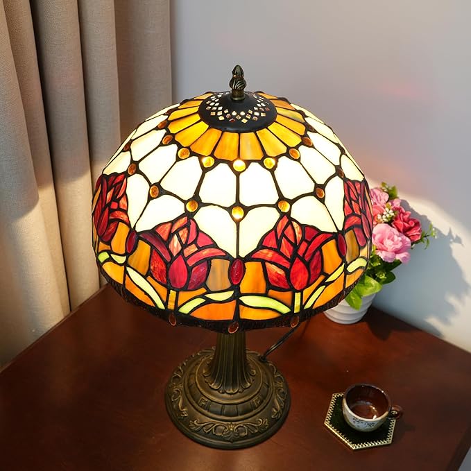 Red Tulip Tiffany Style Stained Glass Table Lamp Bed Room Bedside Reading Desk Light for Living Office Dormitory Bar Retro Unique Cute Accent Decor Cottage 12" Village Gift Nightstand Lamps