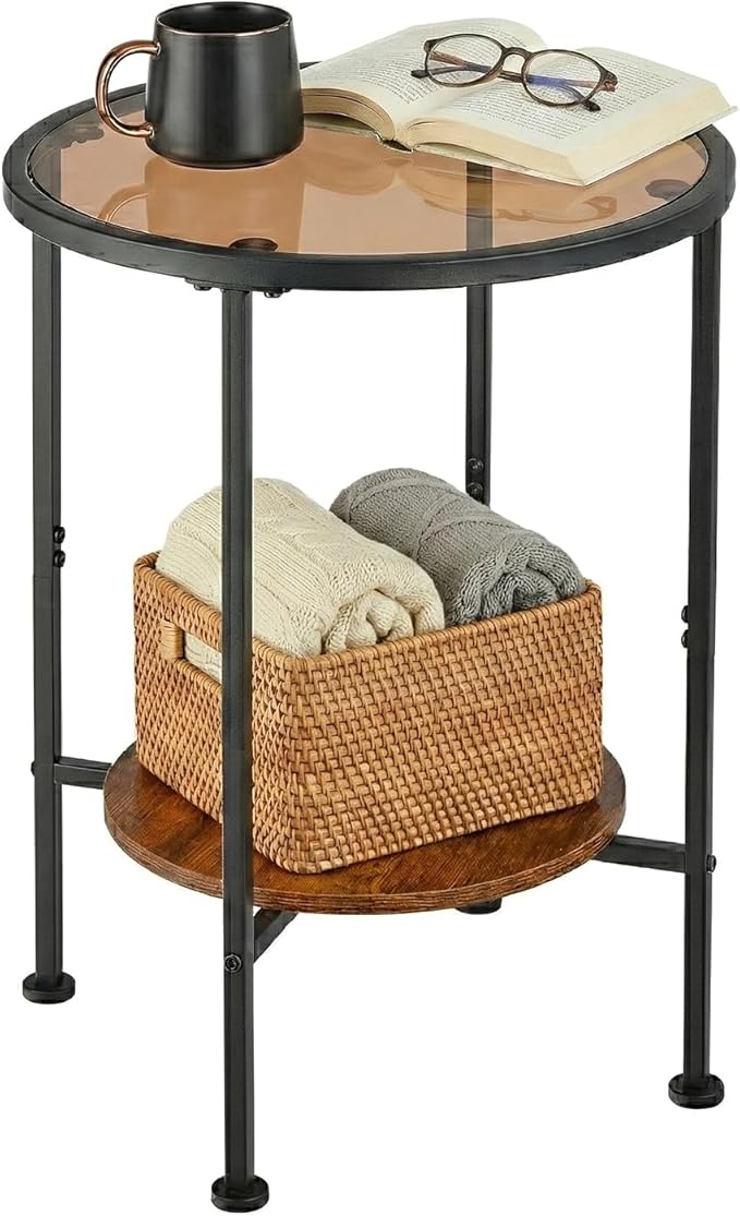 Industrial Round Tempered Glass Side Table, 2 Tier Glass Top End Table with Rustic Wood Shelf, Small Black Nightstand,Bedside Table with Metal Frame for Living Room, Bedroom, Small Spaces