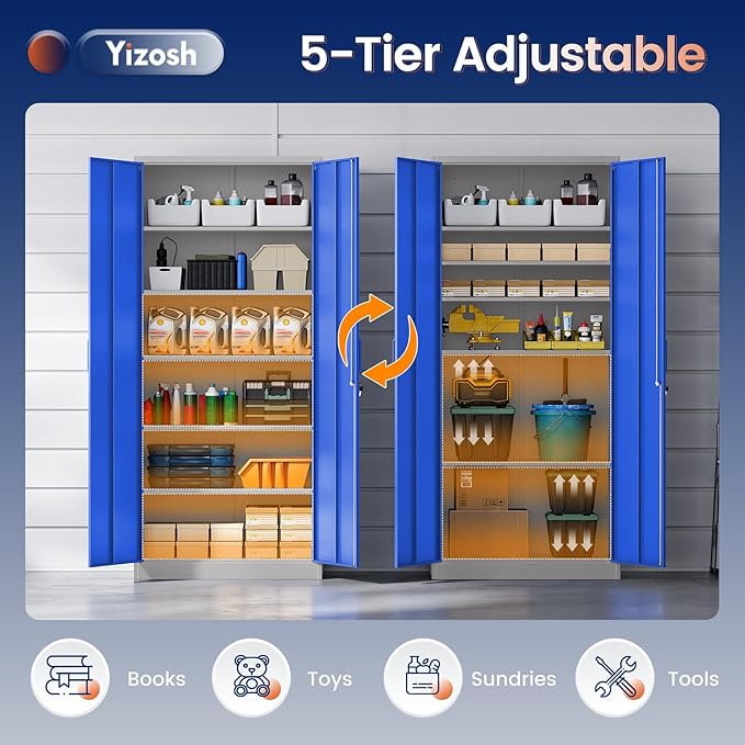 Yizosh Metal Garage Storage Cabinet with 2 Doors and 5 Adjustable Shelves - 71" Steel Lockable File Cabinet,Locking Tool Cabinets for Office,Home,Garage,Gym,School (Gray Blue)