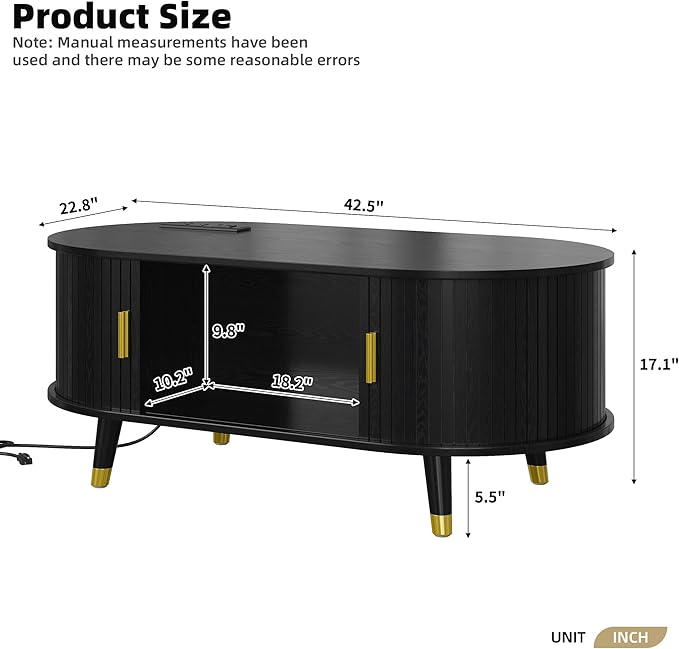 WILLIAMSPACE 42.5" Oval Coffee Table with Storage & Charging Station, Mid-Century Modern Center Table with Sliding Tambour Door, Farmhouse Tea Table with Solid Wood Legs for Living Room, Black