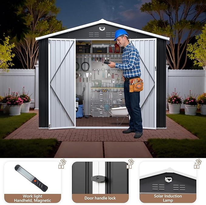10x8 FT Outdoor Storage Shed, Metal Garden Shed - Tool Storage Sheds with Lockable Doors, Waterproof Outside Storage Building for Backyard, Patio (Black; Floor Not Included)