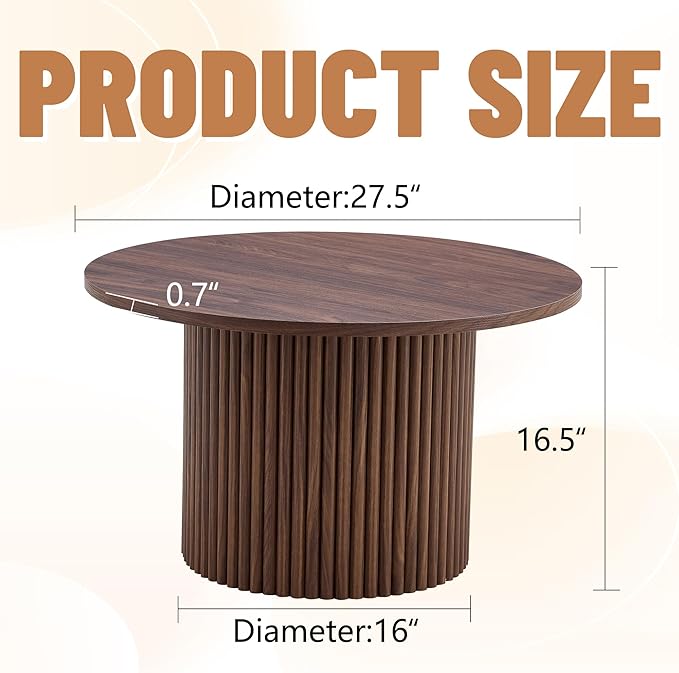 Small Round Coffee Table with Storage, 27.5IN Circle Wood Center Table Minimalist Fluted Coffee Table for Living Room (HT)