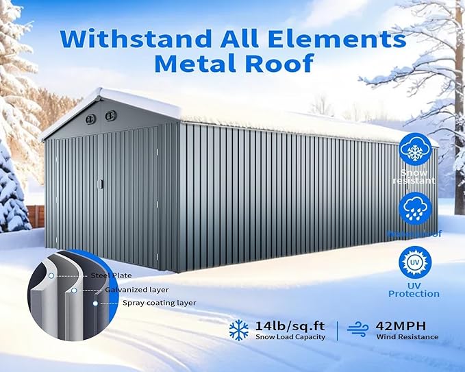 13x20 Outdoor Storage Shed, Extra Large Metal Garage Building, Heavy Duty Steel Car Shed with Side Door & Updated Frame Structure, Waterproof Carport for Car, Truck, Bike, Tool Storage, Dark Gray