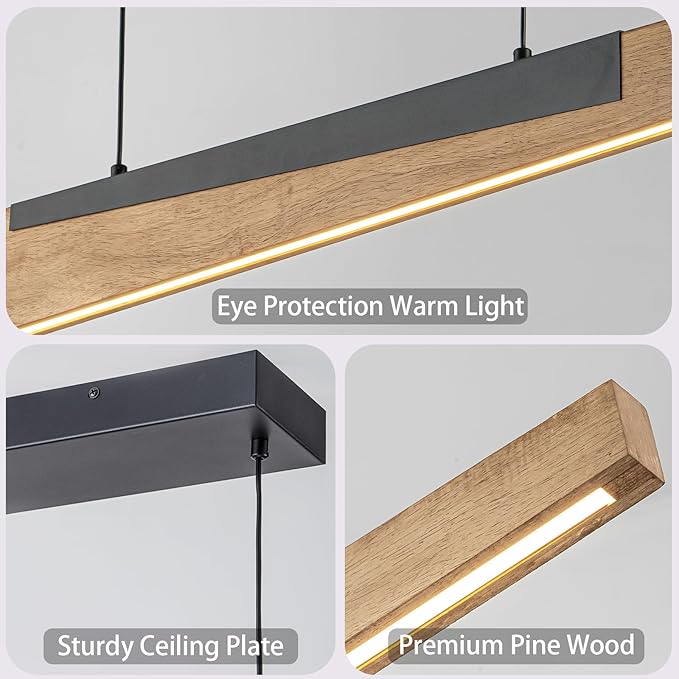 EDISLIVE 49.2 in Wood Linear LED Pendant Light Modern Dimmable LED Chandelier Adjustable Linear Hanging Light Fixture 3000K 25W Island Light for Dinning Room Kitchen Black Wood Tilted