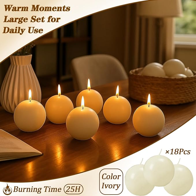 18 PCS Ivory Round Candles,3 in Ball Candles Bulk Set,Dripless Unscented Smokeless，Whether You're Hosting a Wedding or Other Party, or Decorating Your Home,It's a Great Choice.