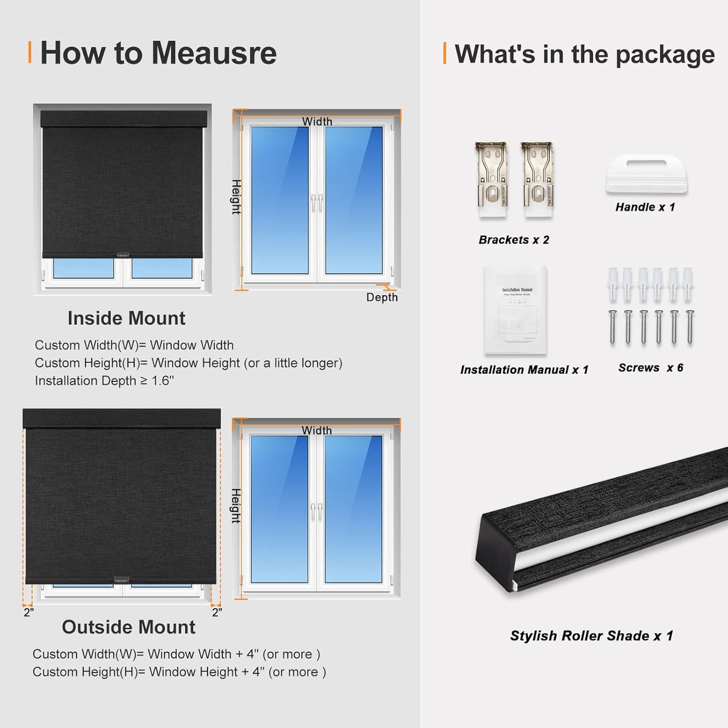 Persilux Free-Stop Cordless Blinds for Indoor Windows with Cover, Window Shades Blackout Roller Blinds, Thermal Insulated Fabric UV Protection for Kitchen, Office, Living Room, Black(47.5" W x 48" H)