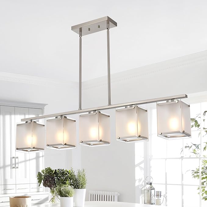 5-Light Chandeliers for Dining Room, Modern Kitchen Island Lighting with Frosted Glass Shade Linear Pendant Lighting for Dining Table Kitchen Island, Adjustable Height