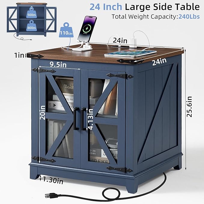 Farmhouse End Table Set of 2,24" Large Sofa Side Table with Charging Station Glass Barn Door,Wood Nightstand with Adjustable Storage Shelf,Square Bedside Table for Living Room,Bedroom,Office-Blue