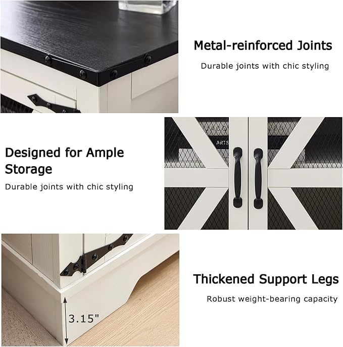 Large Farmhouse End Table with Charging Station and Mesh Barn Door, Rustic Black Wood Nightstand with Storage Shelf for Living Room & Bedroom
