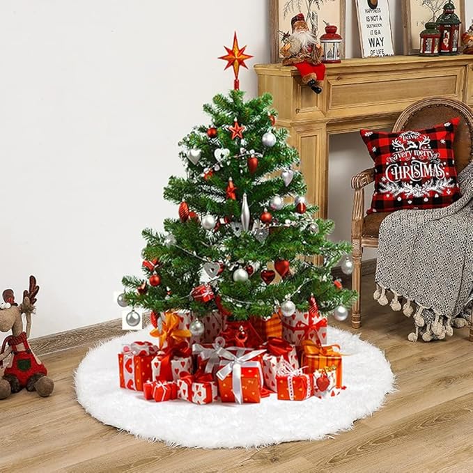 92 Inch Christmas Tree Skirt, Extra Large Thick Faux Fur, White Plush Velvet for Merry Christmas Party Decor