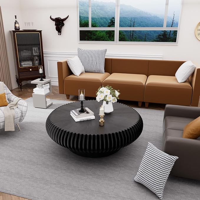 39.3" Drum Coffee Table Modern Unique Fluted Tea Table Contemporary Wood Round Coffee Table with Fluted Centry Table for Living Room Walnut (39.3" Black)