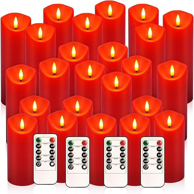 24-Pack Red Flameless LED Candles with Remote - Realistic Flickering Battery - Operated Pillar Candles for Christmas, Home Decor, Weddings, Parties.