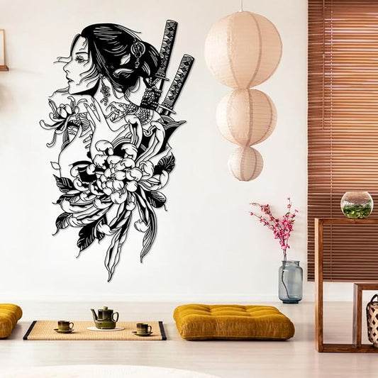SZI Japanese Geisha Metal Wall Art, Asian Woman Design, Traditional Japanese & Asian Wall Decor for Living Room, Bedroom, or Cultural Home Decor (Black, 24"x14"|60x36cm)