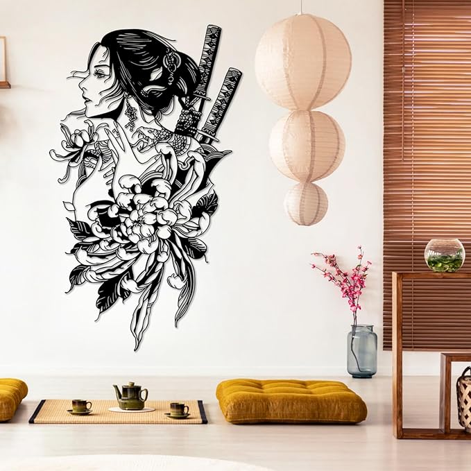 SZI Japanese Geisha Metal Wall Art, Asian Woman Design, Traditional Japanese & Asian Wall Decor for Living Room, Bedroom, or Cultural Home Decor (Silver, 48"x28"|121x72cm)