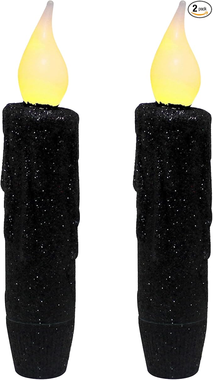 CVHOMEDECO. Glitter Flameless Candles Flickering Battery Operated LED Taper Candles with Timer for Home, Wedding, Halloween, Christmas Decor. Black, 4-3/4 Inch, Set of 2