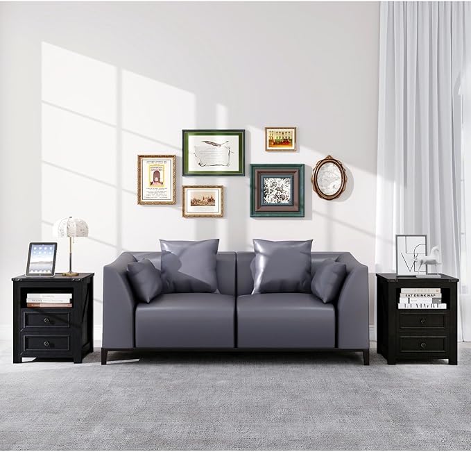 MUUEGM Farmhouse End Table with Charging Station, Side Table for Living Room, Sofa Side Table with Drawers and Storage Cabinet, Night Stand for Bedroom, Black, Set of 1