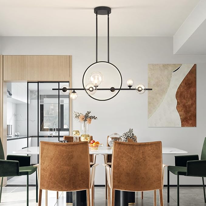 Modern 7 Light Dining Room Chandelier,37.4" Black Dimmable Linear Pendant Lights with Globe Glass Shade,Minimalist Island Light for Dining Room, Office, Kitchen