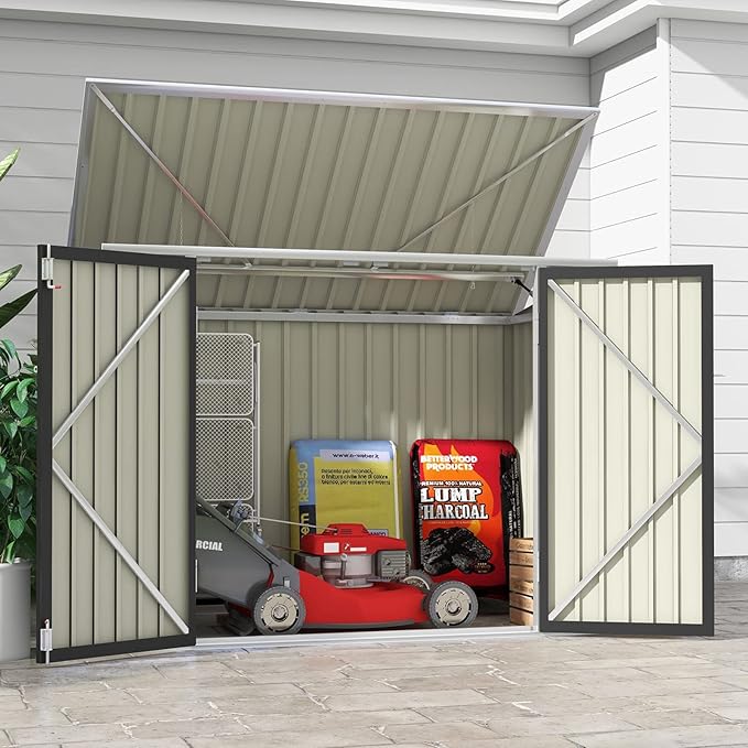 Patiowell 6 x 3 FT Horizontal Metal Shed, Outdoor Storage Shed with Double Lockable Doors and Easy Lift Hinges for Trash Cans, Garden Tools and Pool Accessories, Sloping Roof for Backyard Garden Lawn