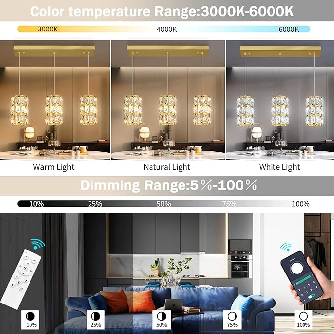 3-Lights Rectangle Modern Crystal Pendant Lights for Kitchen Island LED Dimmable Glam Pendant Lighting Chandelier for Dining Room Hallway Corner Lamp Gold