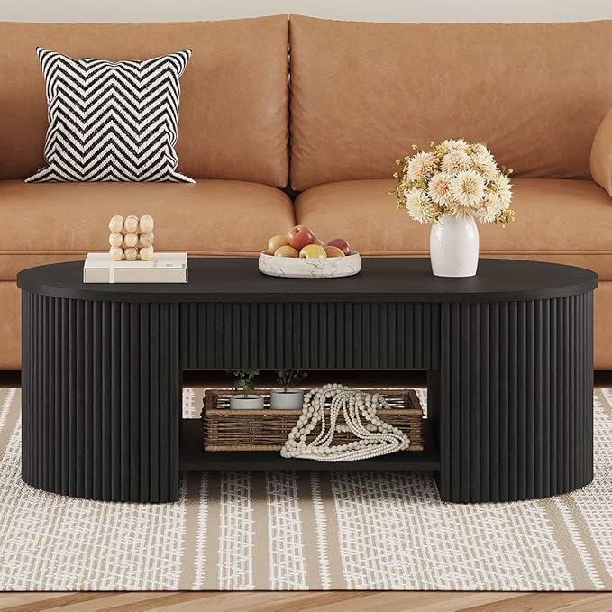FATORRI Coffee Table for Living Room Storage, Modern Wood Fluted Center Table with Drawer, Mid-Century Oval Living Room Tables with Shelf (Black, 43.31 Inch)