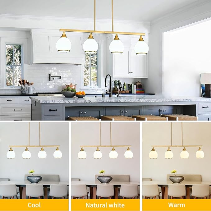 Island Light for Kitchen,4-Light Gold Finish Kitchen Island Pendant Lighting with Round Frosted Glass Shades for Dining Table