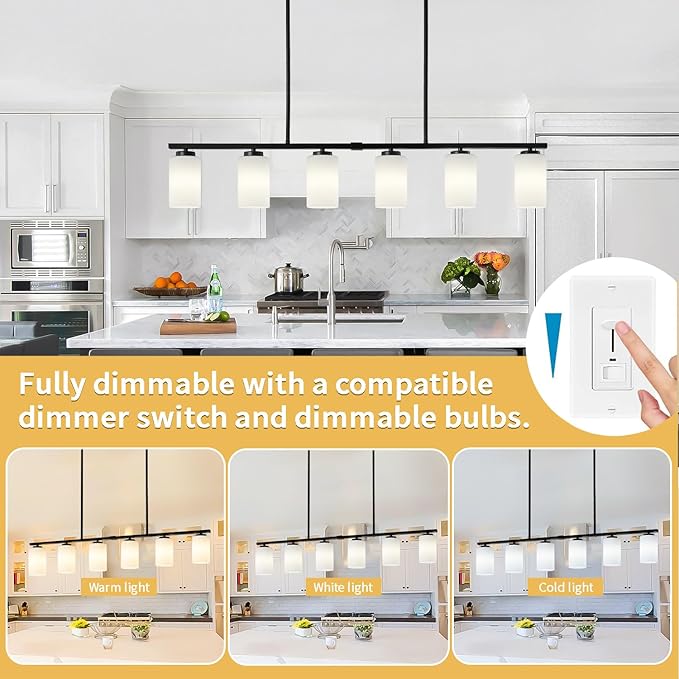 6-Light Island Lights for Kitchen Pendant Lighting Over Island Black Dining Room Light Fixtures Over Table, 45.27'' Modern Farmhouse Large Chandeliers with Milky Glass Shade
