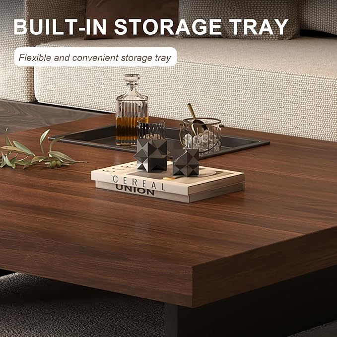 Modern Rectangular Coffee Table for Living Room, Low Profile Wood Center Table with 2" Thick Tabletop & Optional Storage Tray, Sturdy Minimalist Design (31.5"/39.4" Black/Walnut)