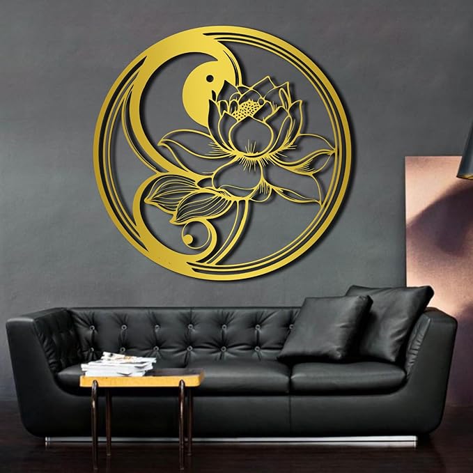 Yin Yang Lotus Flower Metal Wall Art, Metal Lotus Flower Wall Decor, Yin Yang Metal Wall Art, Yoga Sign Wall Art, Metal Wall Art for Living Room, Bedroom, Yoga Studio (Gold, 31"x31"/80x79cm, metal wall art)