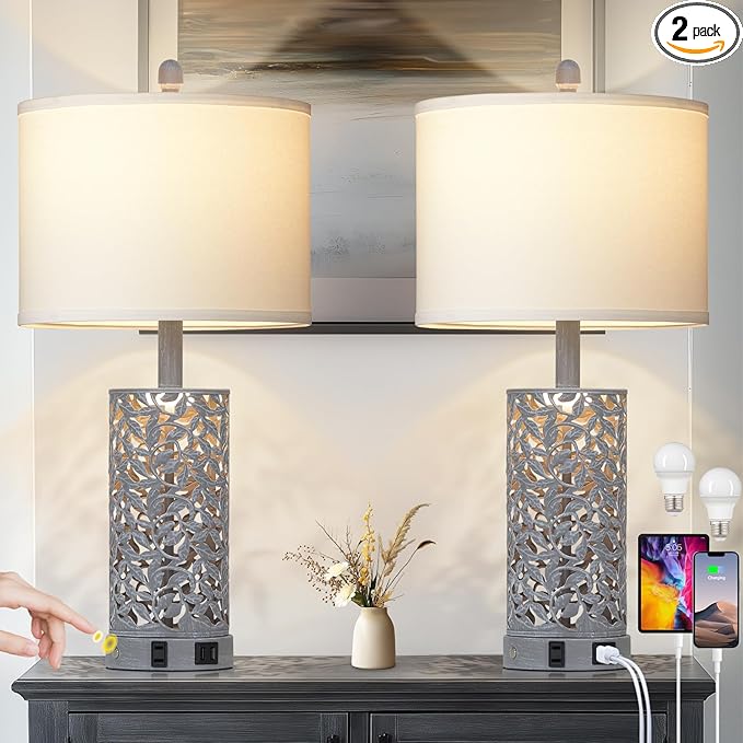 Vintage Lamp for Living Room Set of 2,Antique Retro Bedside Nightstand Lamps with 2 USB Ports & AC Outlet,Touch Control Industrial Desk Lamp for Bedroom Entryway,Gray