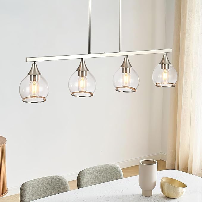 Island Light for Kitchen, 4-Light Brushed Nickel Island Pendant Lighting with Clear Round Glass Shades for Kitchen, Dining Table, Living Room