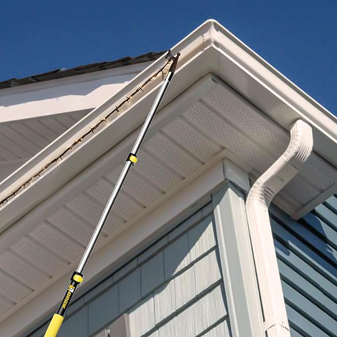 18FT Extension Pole with Utility Hook, Christmas Light Hanger Tool Attachment Screw On Pole Attachment Fits on 3/4 inch Acme Thread for Multi-Purpose Light Installation, String Lights, Birdfeeder