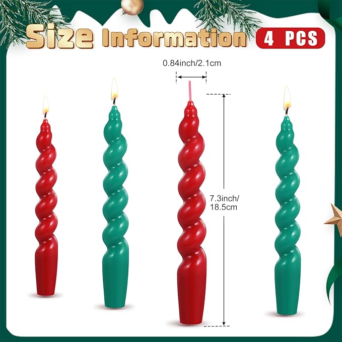 Zhengmy 4 Pcs Red Green Spiral Taper Candle 7 Inch Twisted Long Wax Dinner Candlestick for Fall Halloween Christmas Holiday Valentines Wedding Birthday Baby Shower Table Decor(Solid)