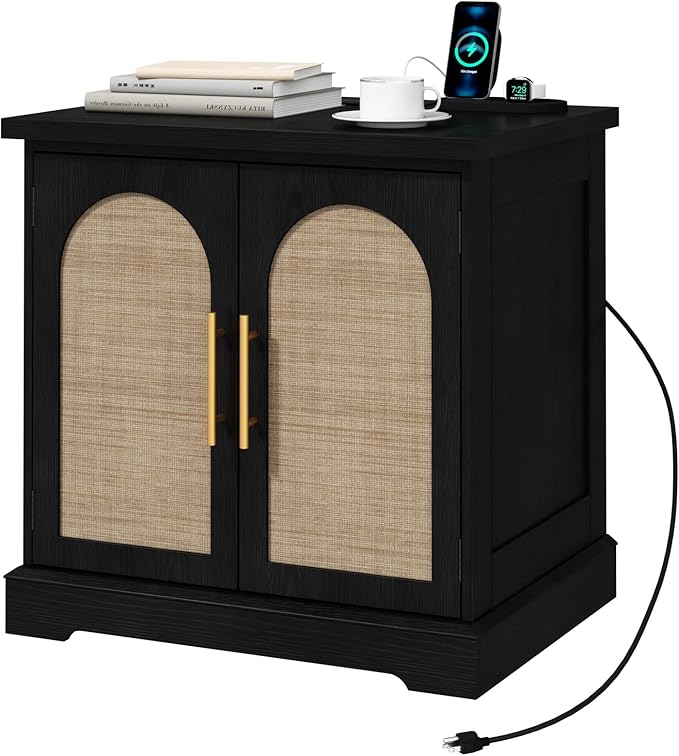 Rattan End Table with Charging Station, 24" Large Sofa Side Table with 2 Arched Doors, Boho Wood Square Nightstand Bedside Tables with Adjustable Storage Shelf for Living Room, Bedroom