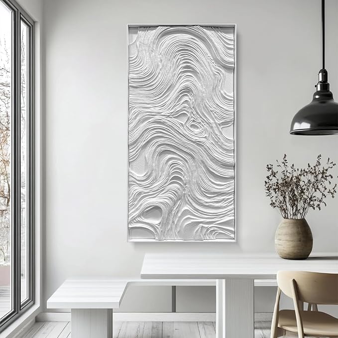 BrightA White wood abstract wave relief wall decoration piece, wooden horizontal wall art large sandstone handmade art piece, aesthetic embellishment for home gallery 23.6"x47.2"