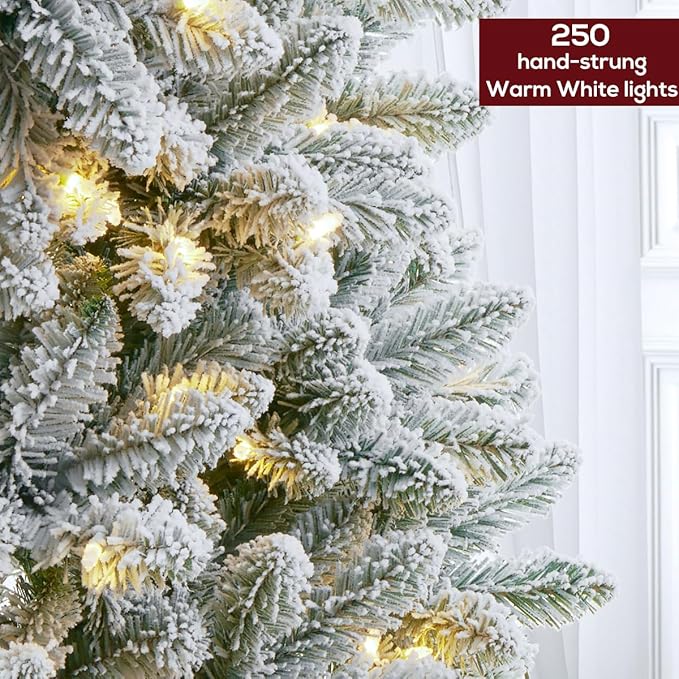 6 FT Prelit Snow Flocked Christmas Tree, Artificial Spruce Christmas Tree with 250 Warm White LED Lights, 850 PVC Branch Tips, Easy Assembly/Metal Stand/Hinged Branches Decoration
