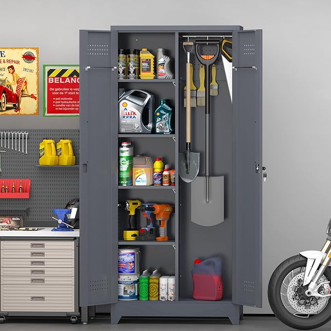 GREATMEET 72.8" Broom Storage Cabinet，Metal Storage Cabinets for Cleaning Supplies with Pegboard, Utility Closet, Broom Mop Cabinet, Grey