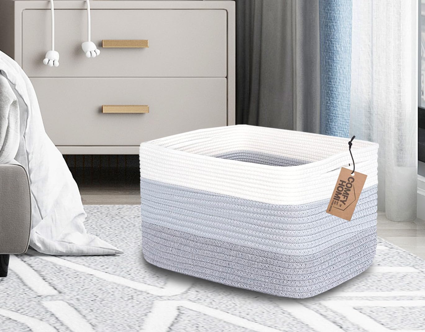 COMFY-HOMI Cotton Rope Woven Basket with Handles for Shelves,Toys,Book, Cloth Storage Baskets Bin for Organizing-13.5"x11"x9.5" Toy Decorative Organizer for Living Room, Bathroom-White/3Tone Grey