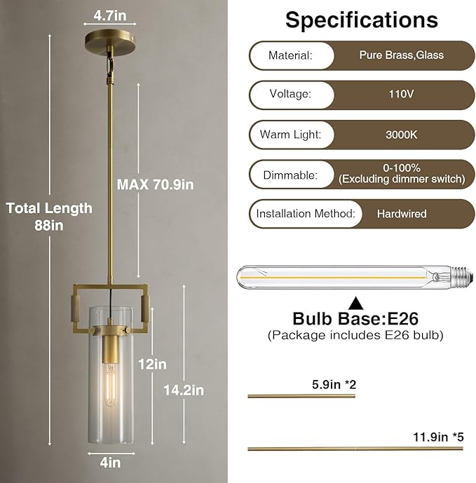 Brass Pendant Lights Kitchen Island, Modern Gold Pendant Lights,12Inch Glass Kitchen Pendant Lighting Over Island,Farmhouse Island Lights for Kitchen,Bathroom,Bedroom