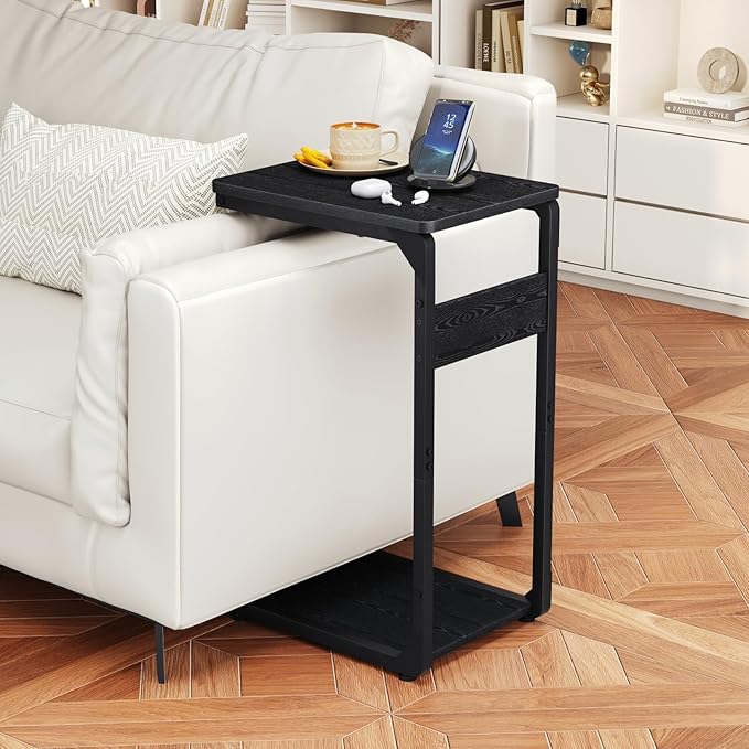 Narrow C-Shaped End Table, Small Couch Side Table, Sofa TV Tray Table for Living Room, Bedroom, Bedside ET-YB-Bk1