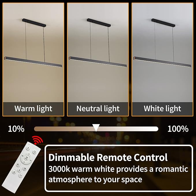 47" LED Linear Pendant Light Fixtures, 25W Dimmable Pool Table Light with Remote, Modern Island Lights for Kitchen Dining Room Living Room Office Bar, 3000k-6000k, Black
