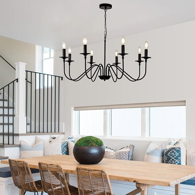 Black Farmhouse Chandeliers, 8 Light S-Arm Modern Candle Hanging Pendant Light, Industrial Rustic Metal Ceiling Kitchen Island Light for Living Room, Entryway, Foyer, Bedroom, Dining Room
