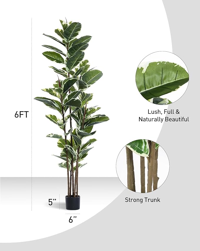 Artificial Rubber Tree Plant 6ft Tall Faux Ficus Tree Potted Fake Tropical Plants Decorative House Plants Large Floor Artificial Trees for Home Office Decor, Without The Pot