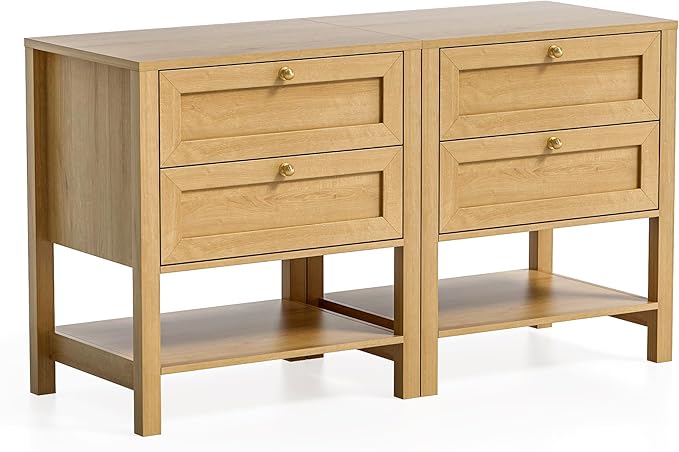 End Tables Set of 2 with 2 Drawers, Farmhouse Nightstand with Open Shelf, Modern Bedside Cabinet Side Table Night Stand for Bedroom, Living Room, Natural Oak