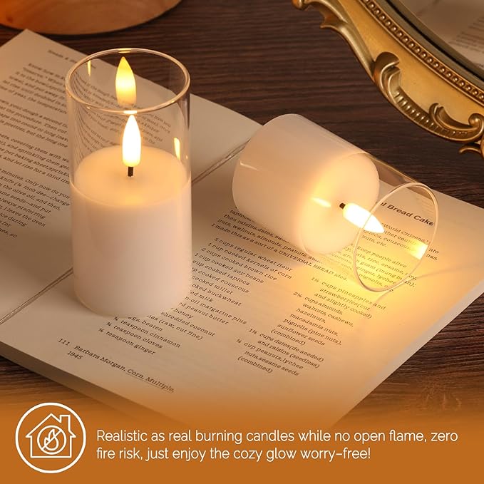 Clear Glass Flameless Candles with Remote Batteries, Flickering Slim LED Pillar Candles Set of 5