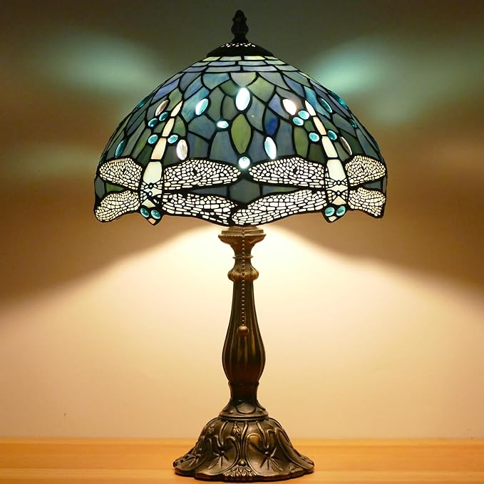 Tiffany Lamp Stained Glass Table Lamp Antique Bedside Reading Light W12H19 Inches (Sea Blue Dragonfly)
