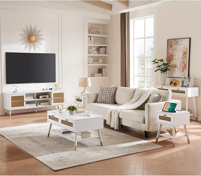 Small White Side Table for Living Room & Bedroom, Boho Nightstand with USB Ports & Outlets, Storage Drawer & Open Shelf, Mid Centry Style Furniture for Home Decor