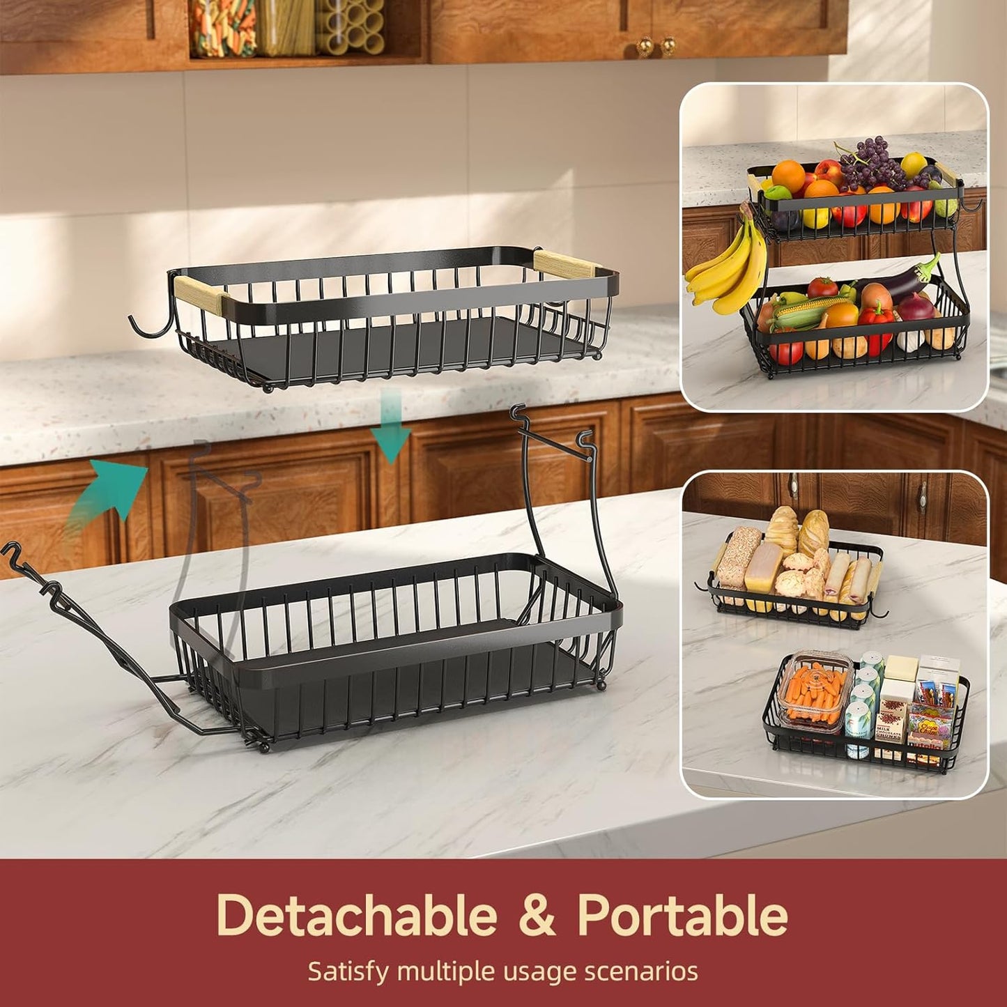 3 Tier Fruit Basket for Kitchen Counter with 2 Mobile Banana Hangers, 2025 Pro Detachable Metal Fruit Bowl with Wooden Handle, Fruit Holder for Bread Snack Veggies with Protective Mats